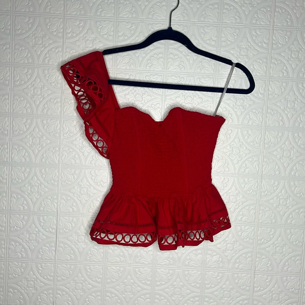 NEWLovers + Friends Embroidered One Shoulder Smocked Top SZ M Red